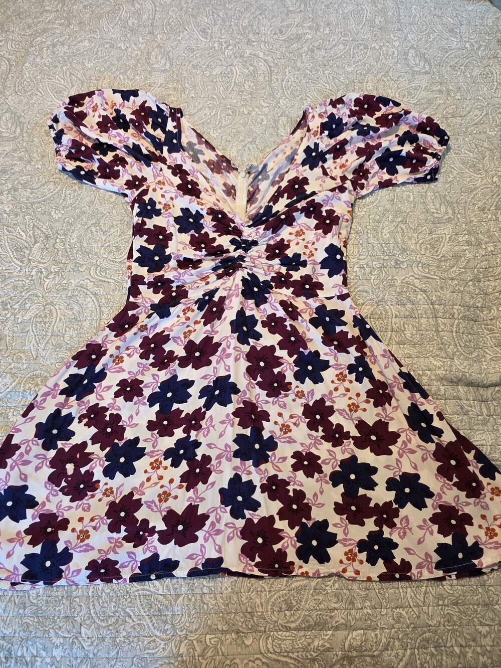 Valija Purple & Navy Floral Ruched Puff Sleeve Mini Fit And Flare Dress Size M